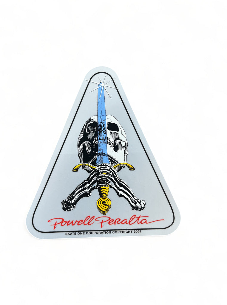 POWELL PERALTA | Sword And Skull Sticker | Silver Triangular 3.75" x 4"