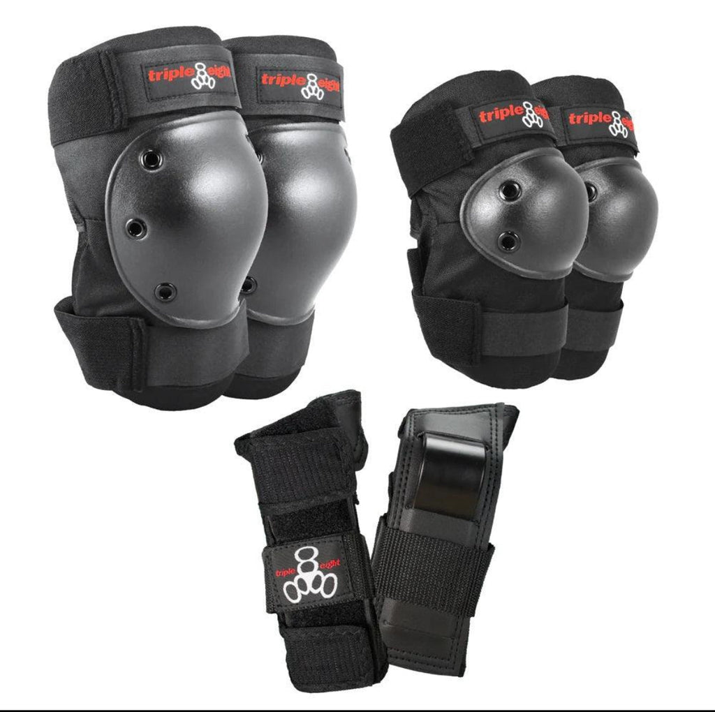 Triple 8 PROTEC knee and elbow pads combo set in black with durable molded ABS splints and shock-absorbing EVA foam cushioning