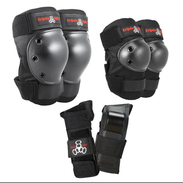 Triple 8 PROTEC knee and elbow pads combo set in black with durable molded ABS splints and shock-absorbing EVA foam cushioning