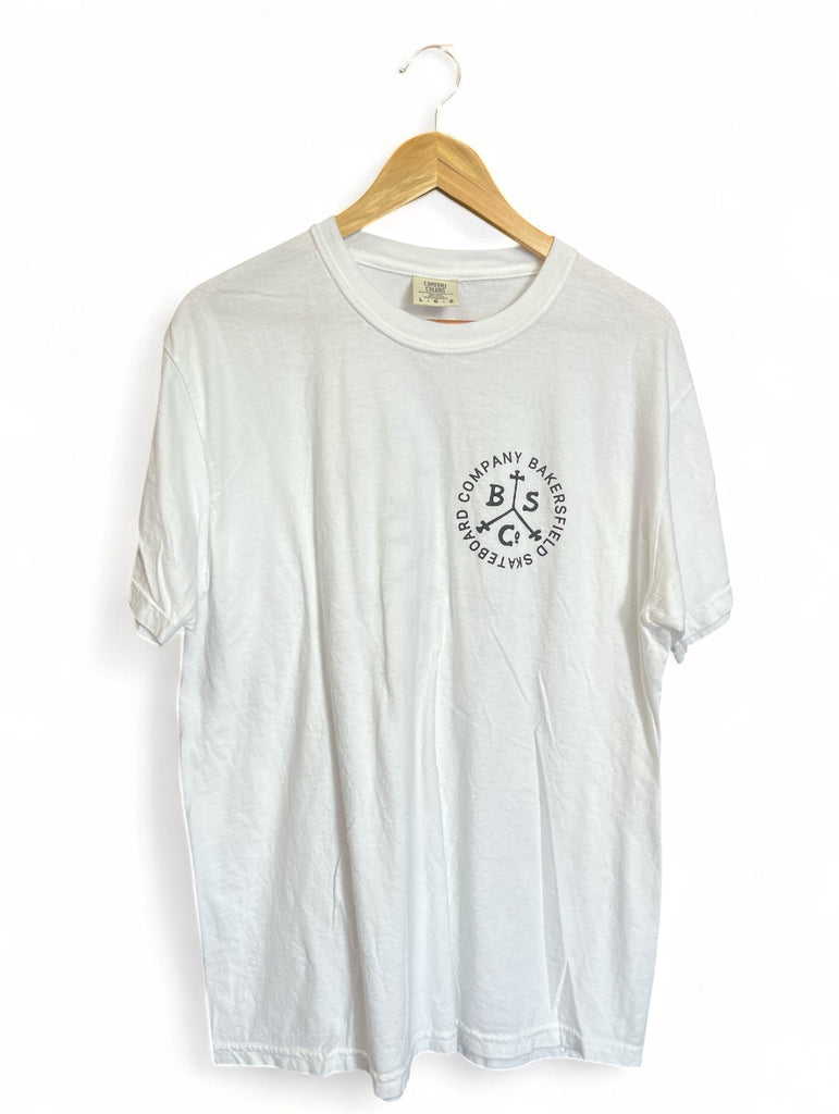 BAKERSFIELD SKATEBOARD CO. | Hand Drawn Tri- Hatch Shop Tee | White