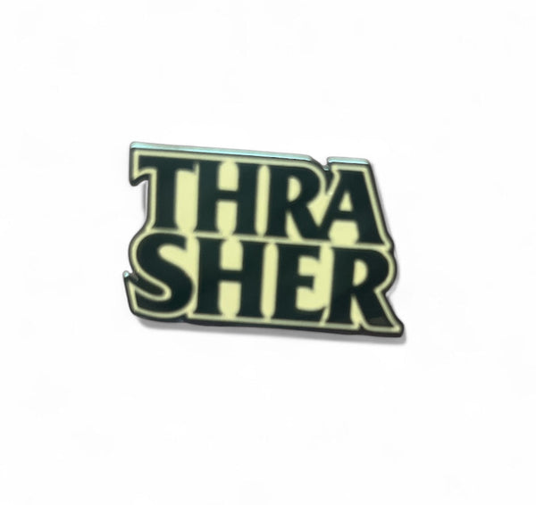 THRASHER Anti Hero black and white lapel pin with bold logo design