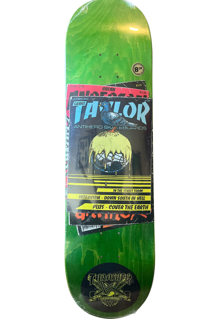 ANTI HERO Grant Thrasher Collab Deck 8.38 inch skateboard with green wood grain and graphic design