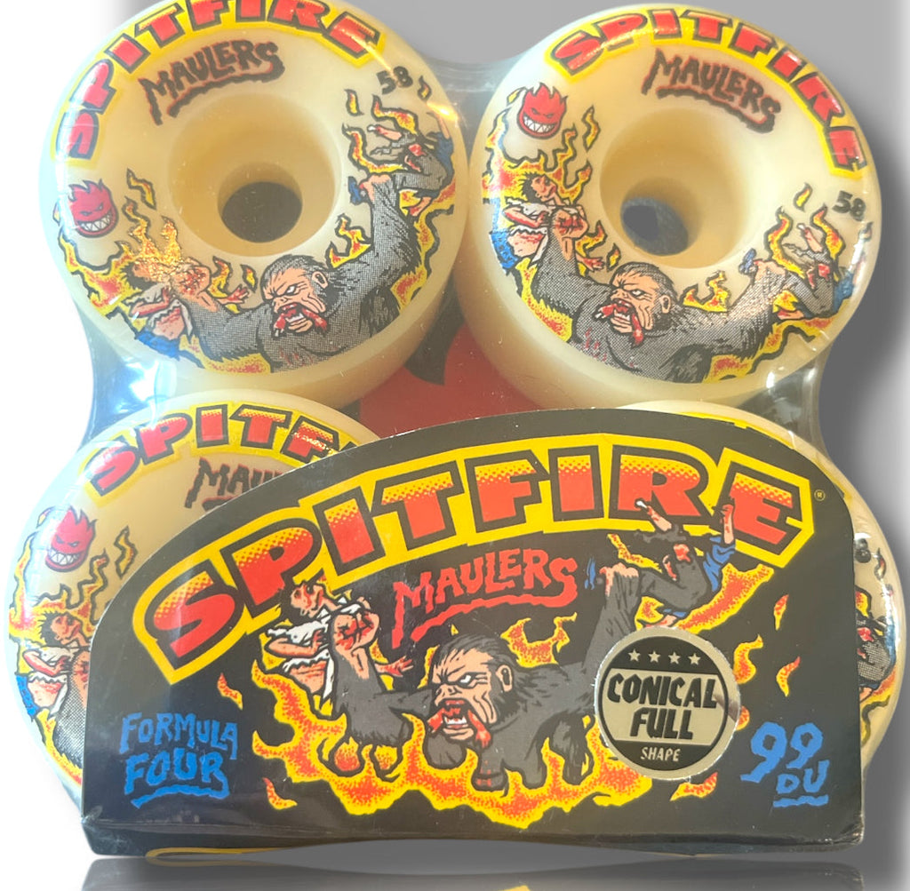 Spitfire Wheels Formula 4 Conical Full 58MM 99A Maulers skateboard wheels with fiery graphic design