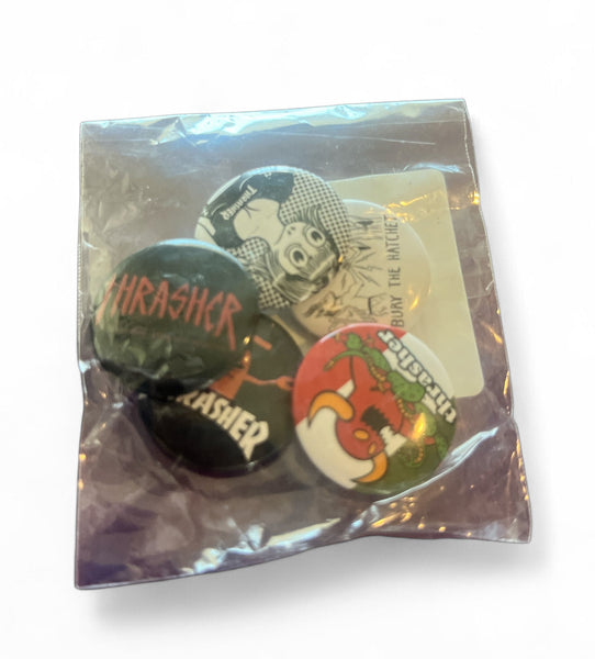 THRASHER TOY MACHINE 1 inch assorted button pack with five durable stylish skateboard brand designs in a clear plastic bag