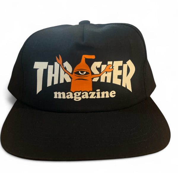 Black THRASHER TOY MACHINE adjustable hat with orange graphic and "magazine" text on front